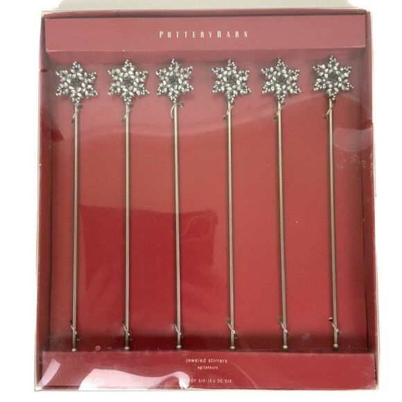 Pottery Barn Jeweled Drink Stirrers Set Of 6 Snowflake Silvertone Bling Holiday - Picture 1 of 4